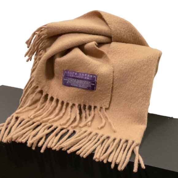 Lauren Ralph Lauren 100% Cashmere Scarf | Purple Label / Camel - Picture 2 of 3